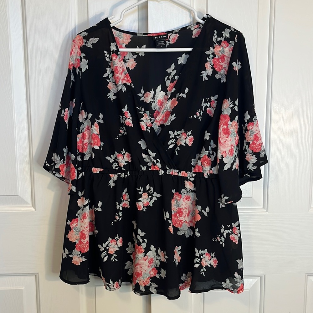 Torrid Black & Pink Floral, empire waist blouse, size 0, worn 1x